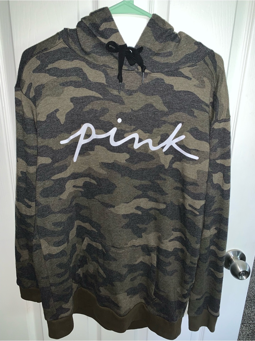 PINK Victoria's Secret Olive & Dark Green Camo Hoodie with White Script